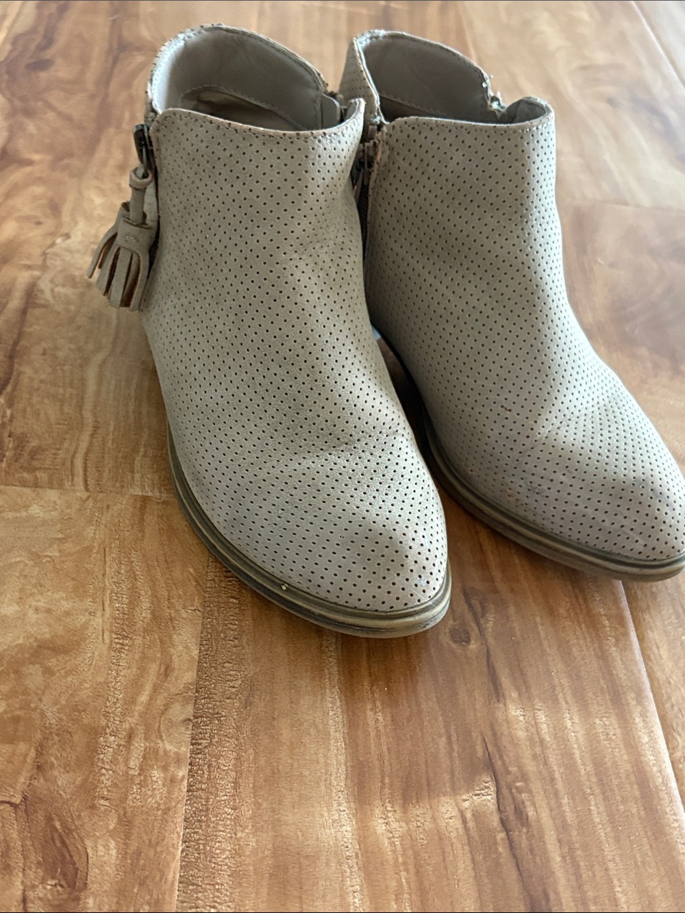 Harper Canyon Taupe Perforated Ankle Booties with Tassel Zip